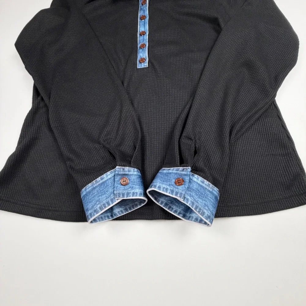 Unbranded Henley Top Women L Black Ribbed Denim Collar Long Sleeve Mixed Media